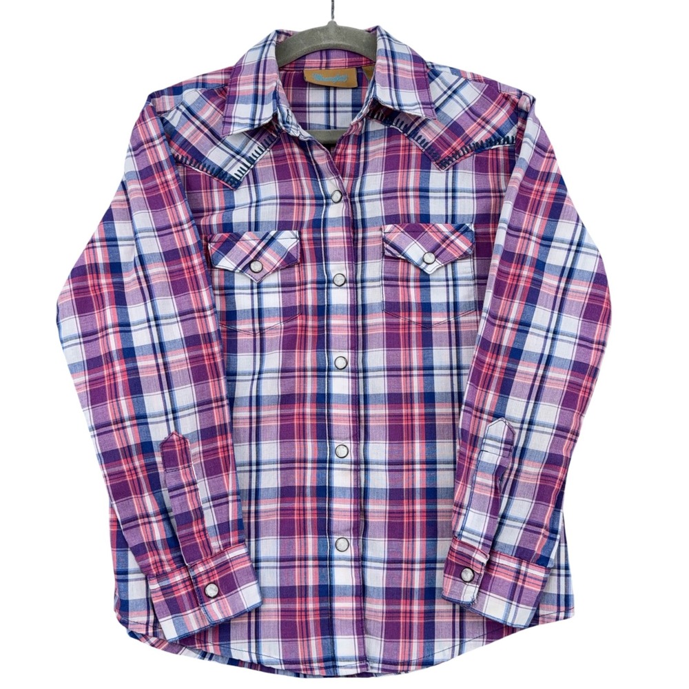 Wrangler Western Snap Front Kids Small‎ Cotton Blend Purple Plaid Shirt